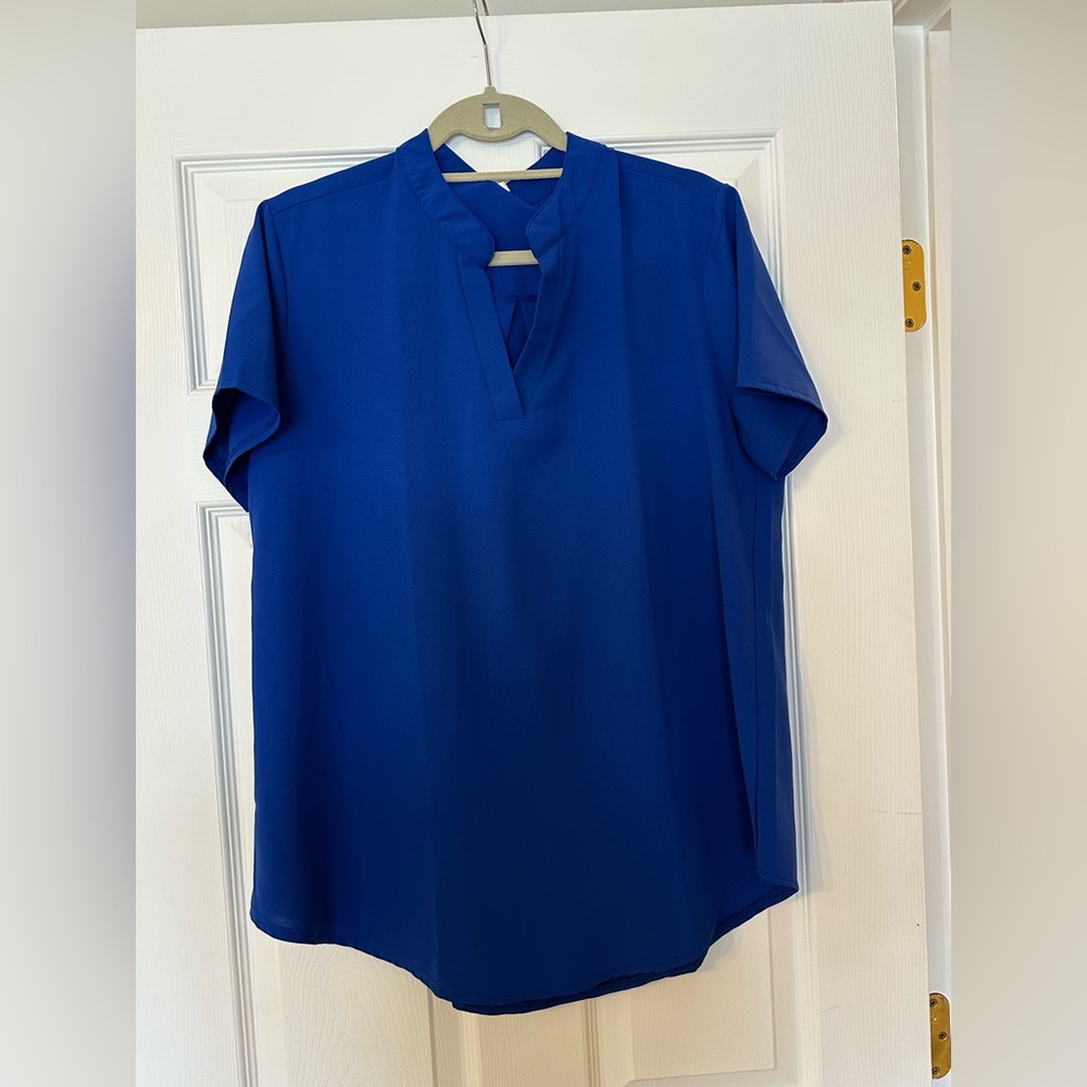 Royal Blue Split-Neck Short Sleeve Blouse - Size Large